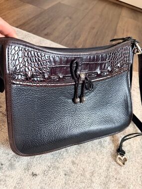Brighton Black and Dark Brown Croc-Trim Leather Crossbody
